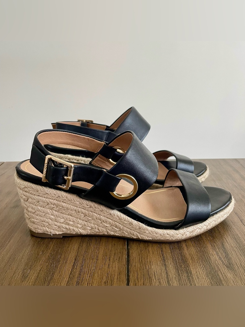 Vionic Black Leather Espadrille Wedge Sandals with Gold Hardware